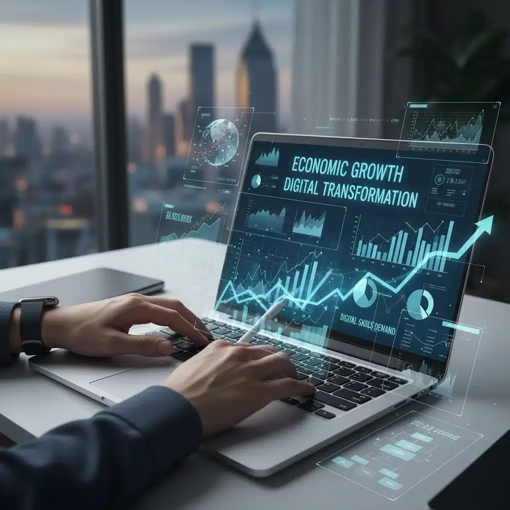 Manos trabajando en un portátil con gráficos de crecimiento, simbolizando la transformación digital y la demanda de habilidades tecnológicas.