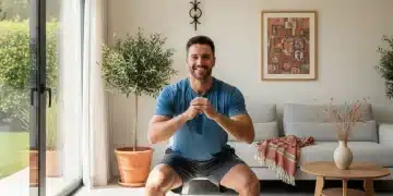 Hombre español realizando sentadillas en casa, sonriendo, como parte de un plan de ejercicio sin equipo.