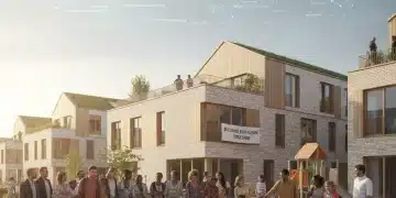 Diverse individuals and families hopeful for affordable housing, modern apartment complex in background