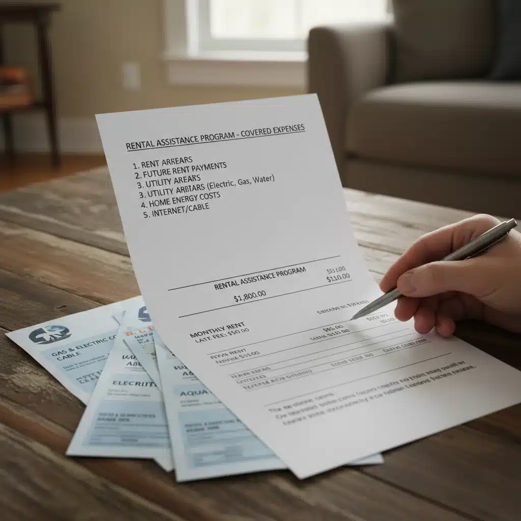 Utility bills and rent statement showing housing expenses