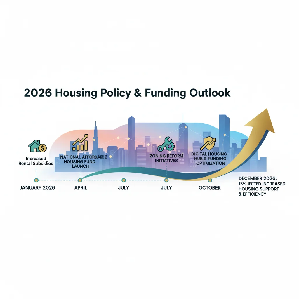 Infographic depicting housing policy and funding timeline for 2026, showing positive trends