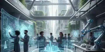 Profesionales colaborando con IA en un entorno de trabajo futurista en España