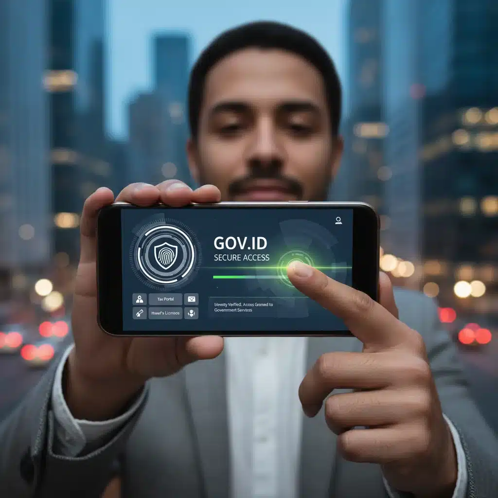Persona utilizando una identidad digital segura en un smartphone para acceder a servicios gubernamentales.