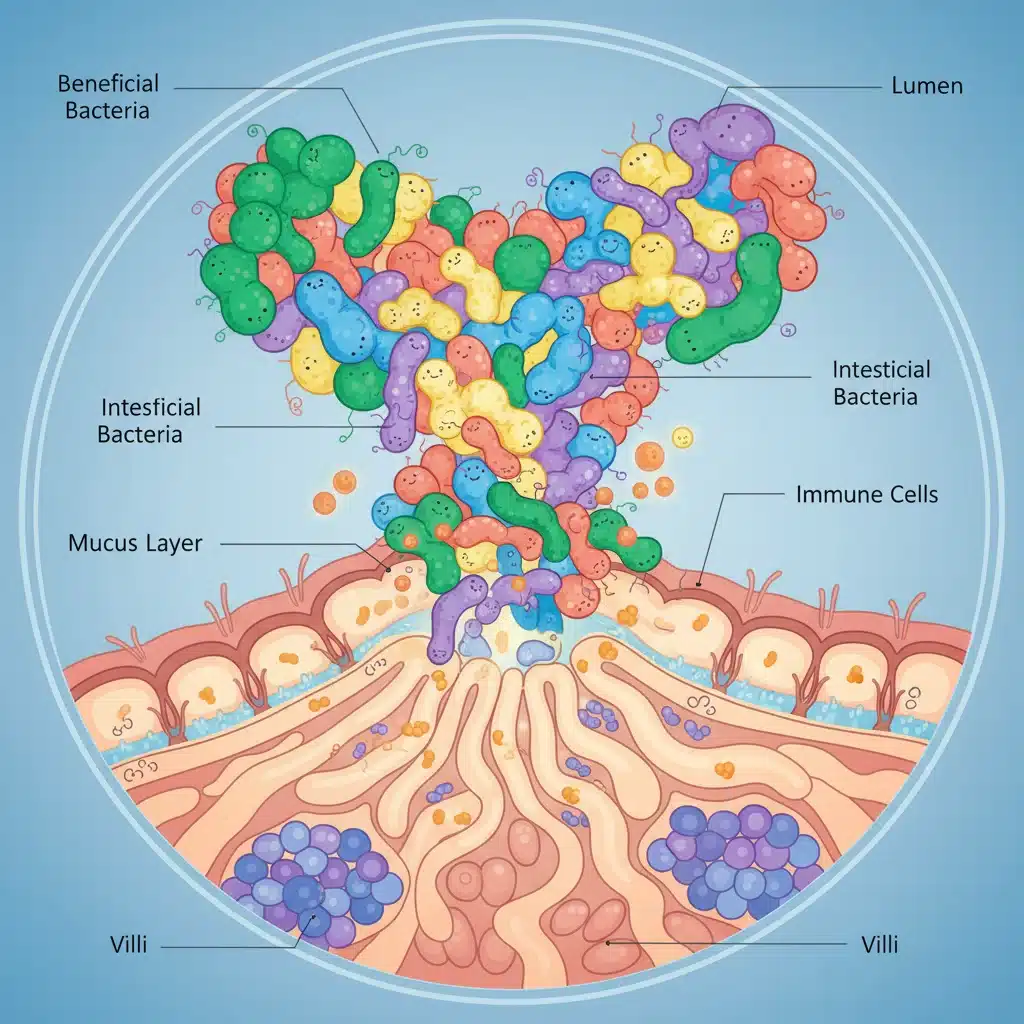 Ilustración de la microbiota intestinal saludable y su interacción