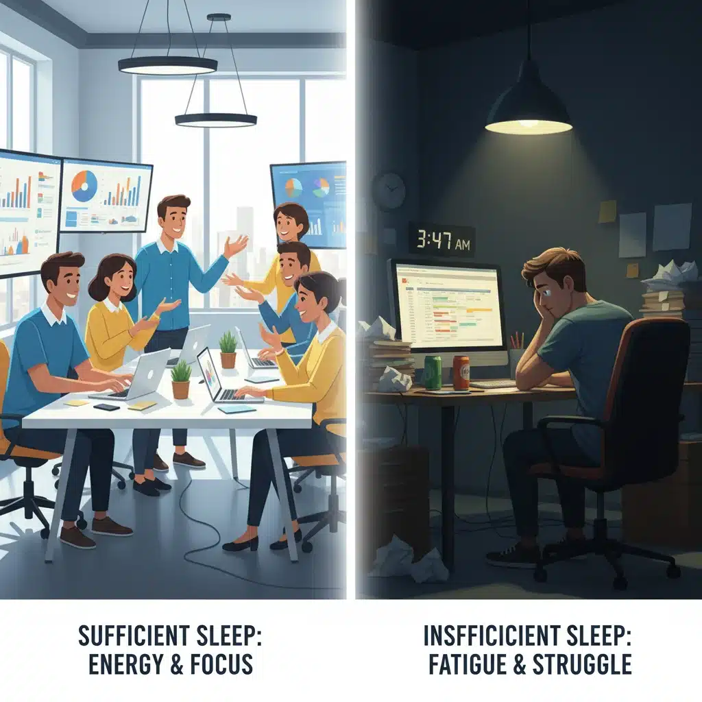 Gráfico comparativo de un trabajador descansado y uno fatigado, ilustrando el impacto del sueño en la productividad laboral.
