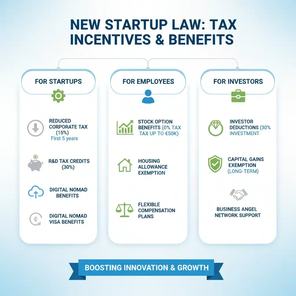 Infografía detallada sobre incentivos fiscales y beneficios de la Ley de Startups para emprendedores.