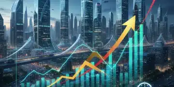Gráfico digital con flechas ascendentes superpuesto en un paisaje urbano futurista, representando las proyecciones económicas y la inflación en 2026.
