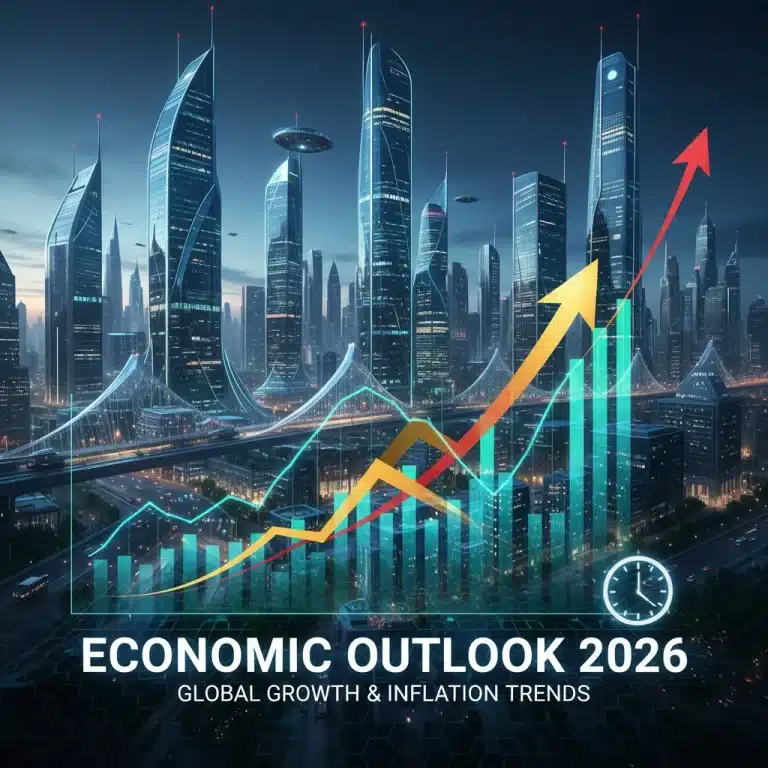 Gráfico digital con flechas ascendentes superpuesto en un paisaje urbano futurista, representando las proyecciones económicas y la inflación en 2026.
