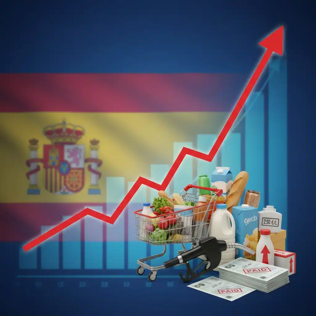 Gráfico ascendente de inflación con productos básicos y precios de servicios en España.