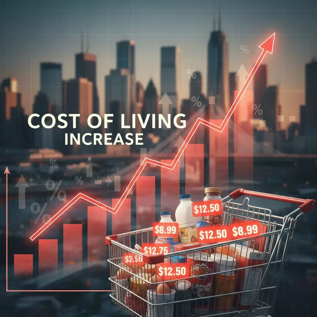 Inflation curve with grocery cart symbolizing rising living costs and economic pressure.