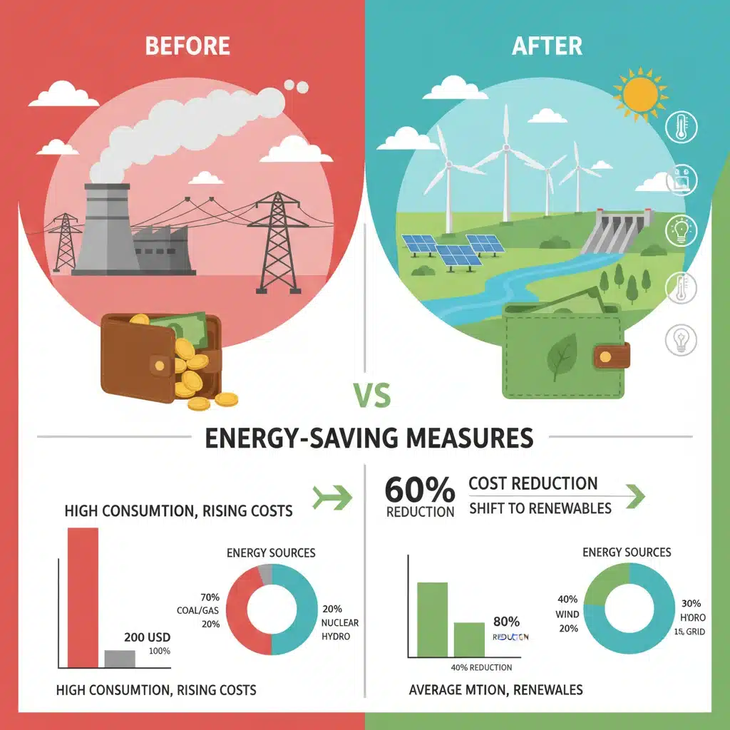 Infografía comparativa de facturas eléctricas antes y después de medidas de ahorro energético.