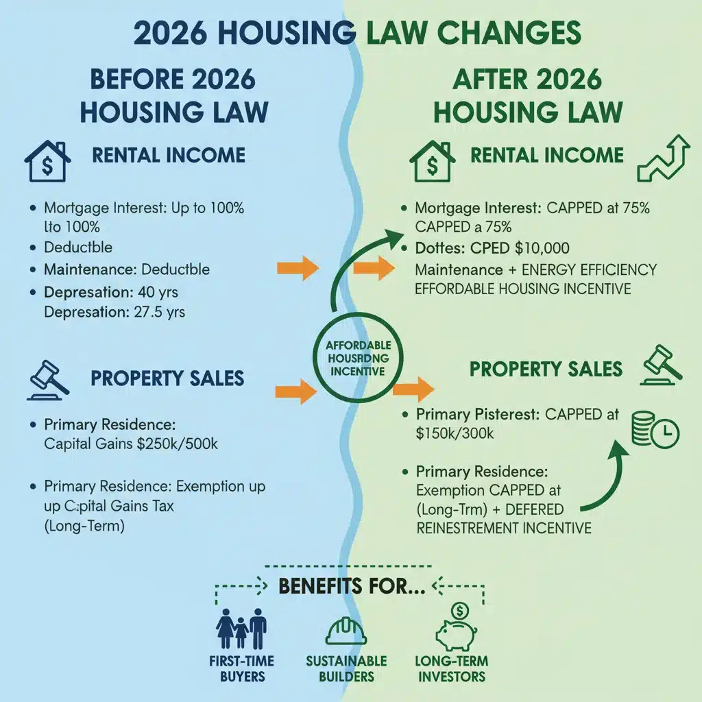 Infografía comparativa de beneficios fiscales y deducciones antes y después de la nueva ley de vivienda 2026.