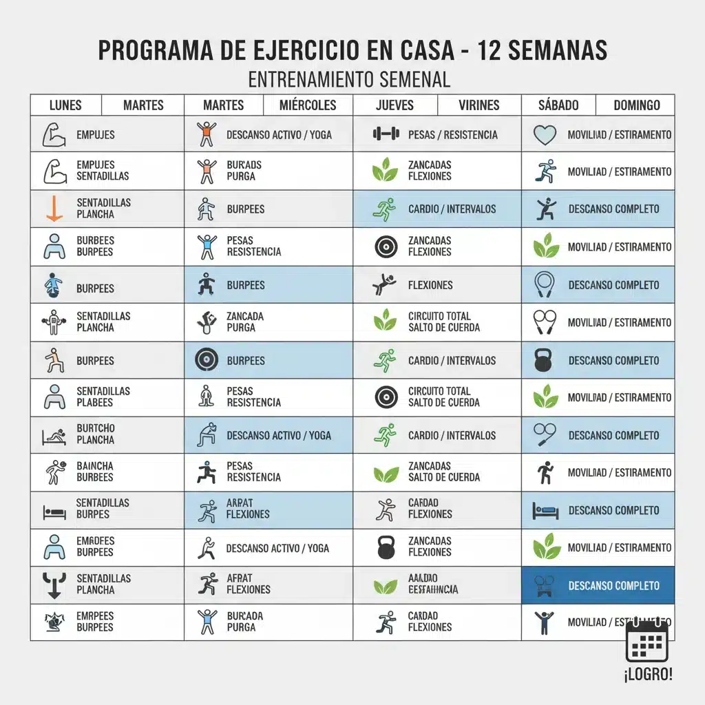 Infografía de un plan de entrenamiento semanal de 12 semanas para ganar músculo en casa.