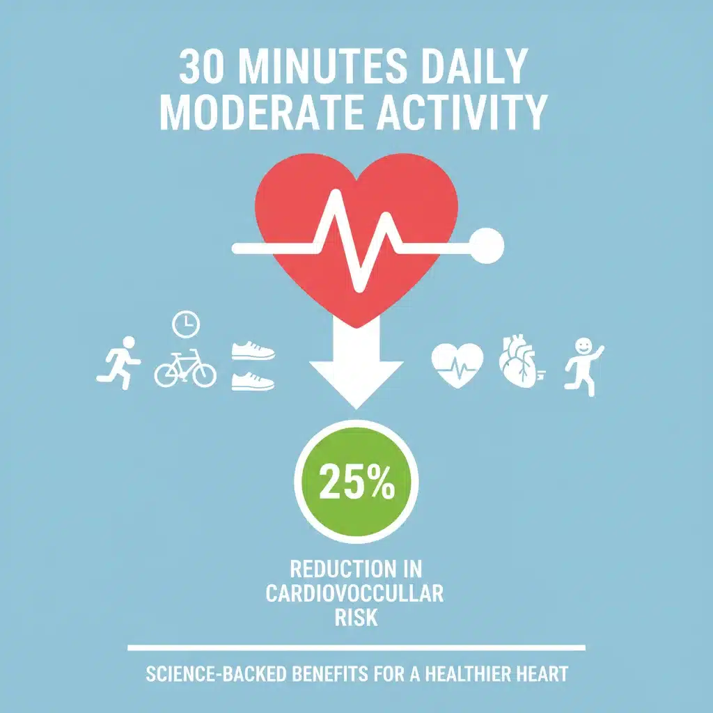 Infografía mostrando la reducción del 25% del riesgo cardiovascular con 30 minutos de actividad física diaria.