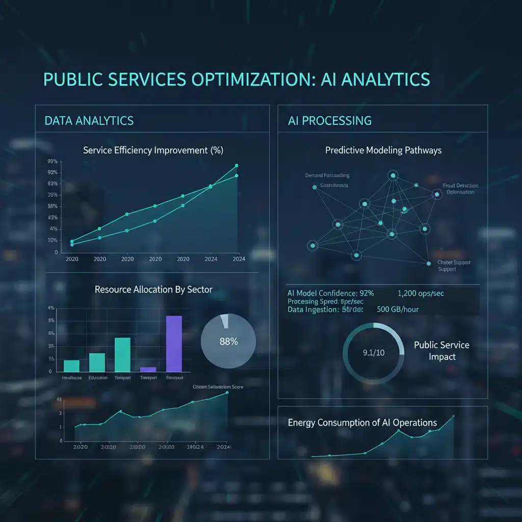 Panel de control con análisis de datos e inteligencia artificial optimizando servicios públicos.