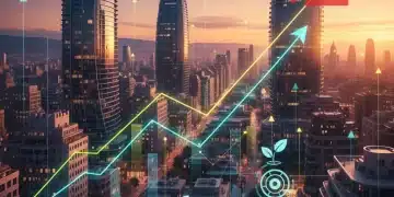 Gráfico financiero abstracto sobre un paisaje urbano moderno, representando inversiones en nuevas empresas en España.