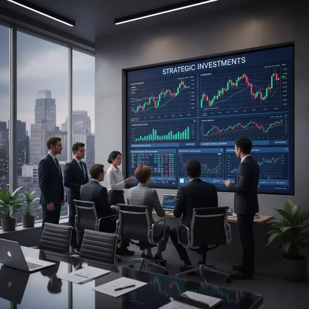 Grupo de inversores analizando gráficos bursátiles y datos económicos en una oficina moderna, discutiendo estrategias de inversión contra la inflación.