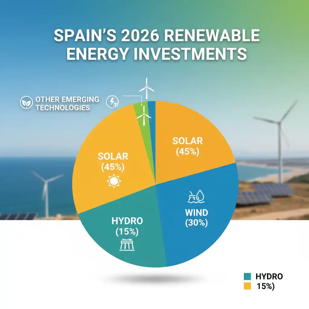 Gráfico de inversiones planificadas en diferentes tecnologías de energía renovable en España para 2026.