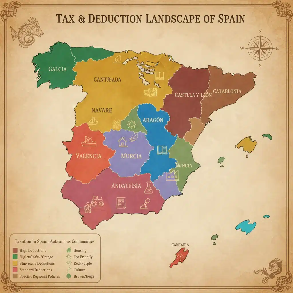 Mapa de España con las comunidades autónomas destacadas, simbolizando las diferencias en las deducciones fiscales.