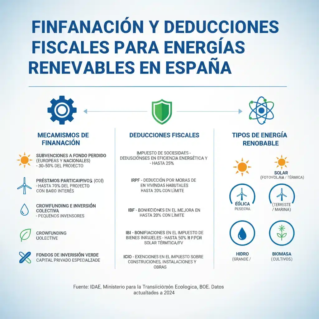 Infografía detallada sobre mecanismos de financiación y deducciones fiscales para energías renovables en España.