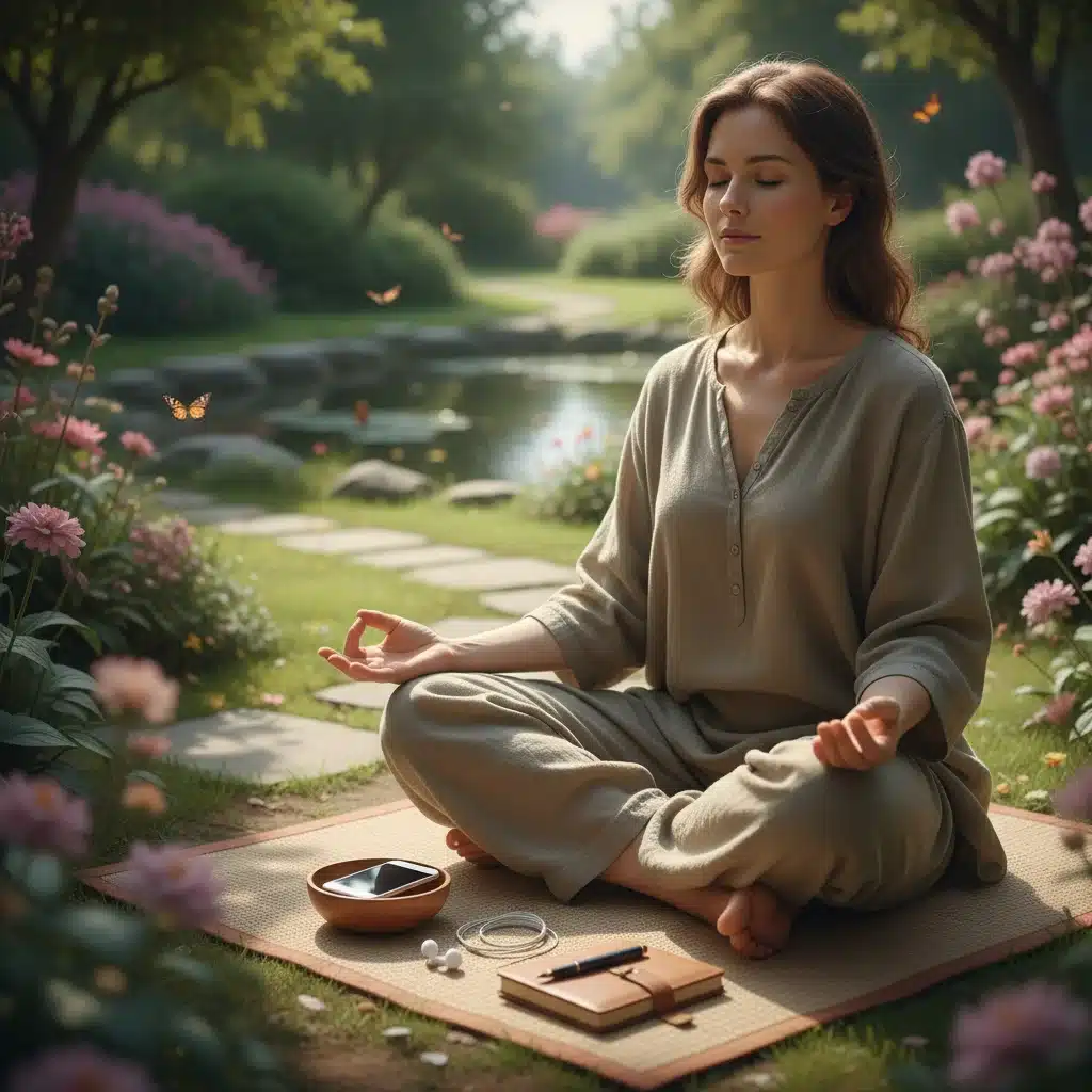 Persona meditando en la naturaleza, desconectando de la tecnología para mejorar el bienestar