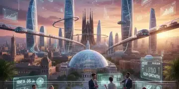 Panorama futurista del mercado laboral español, con profesionales colaborando en entornos tecnológicos y de crecimiento económico.