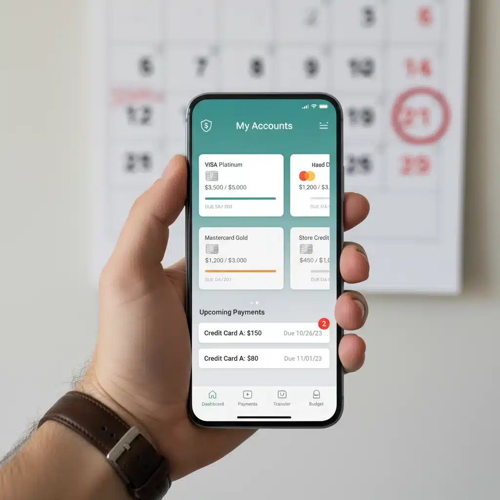 Smartphone displaying mobile banking app with credit accounts