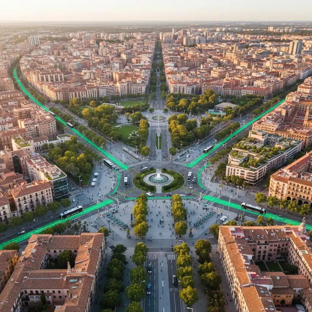 Vista aérea de ciudad española con movilidad urbana integrada y sostenible