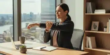 Mujer realizando estiramientos de bajo impacto en su oficina moderna, mejorando la postura laboral.