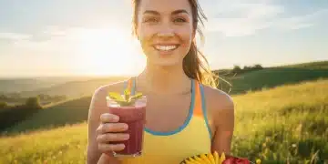 Mujer sonriente y llena de energía disfrutando de una comida saludable, representando la superación de la fatiga crónica.