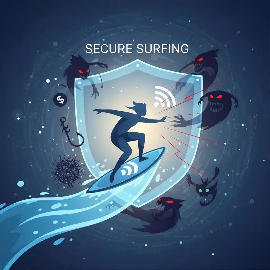 Ilustración de usuario navegando seguro por internet, protegido por un escudo digital contra amenazas.