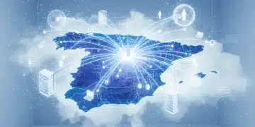 Mapa digital de España con una red de almacenamiento en la nube y dispositivos de usuarios individuales, simbolizando la conectividad y el futuro del cloud computing.