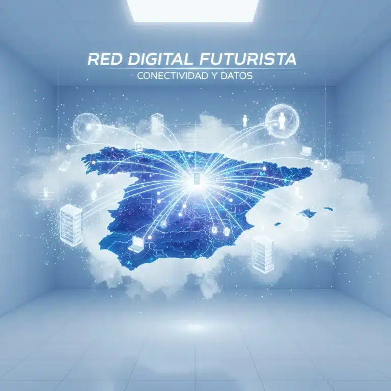 Mapa digital de España con una red de almacenamiento en la nube y dispositivos de usuarios individuales, simbolizando la conectividad y el futuro del cloud computing.