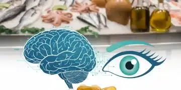 Cápsulas de omega-3, cerebro estilizado y ojo, con fondo de mercado español