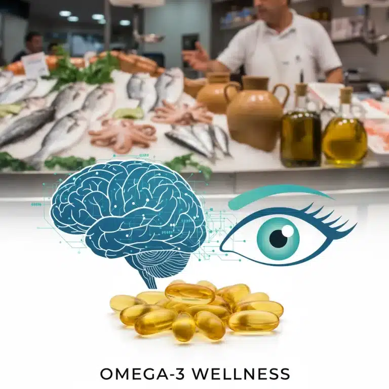 Cápsulas de omega-3, cerebro estilizado y ojo, con fondo de mercado español