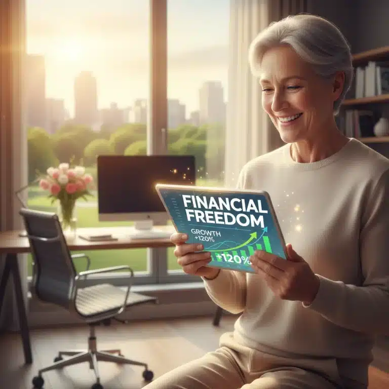 Person smiling at tablet with growing financial charts, symbolizing optimized 401k contributions and retirement savings.