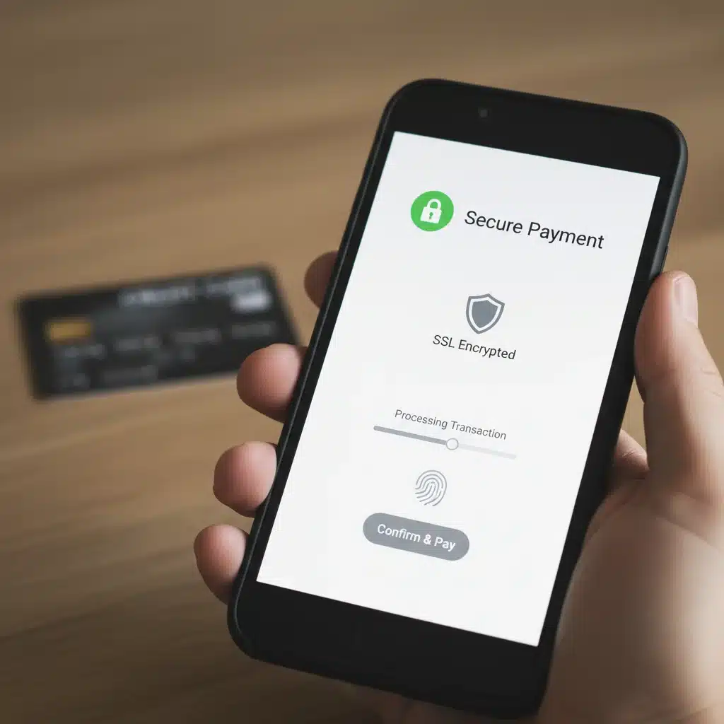 Mano utilizando un smartphone para realizar un pago seguro online con detalles de tarjeta de crédito borrosos.