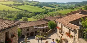 Paisaje rural español vibrante con casas de piedra y colinas verdes, simbolizando la revitalización y esperanza en la lucha contra la despoblación rural en España.