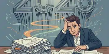Persona confundida frente a documentos de impuestos con el año 2026, simbolizando la complejidad fiscal.