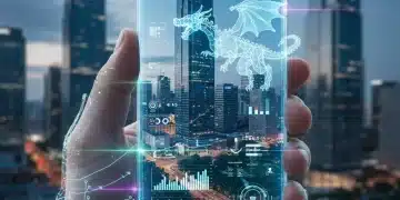 Persona usando un móvil con realidad aumentada proyectando elementos digitales en un entorno urbano en España.