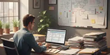 Persona planificando su declaración de la renta con documentos y calculadora en una oficina moderna.