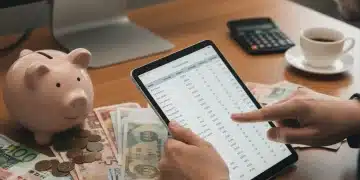 Persona revisando una hoja de cálculo financiera en una tablet, con billetes y una hucha, simbolizando la planificación económica personal frente a la inflación.