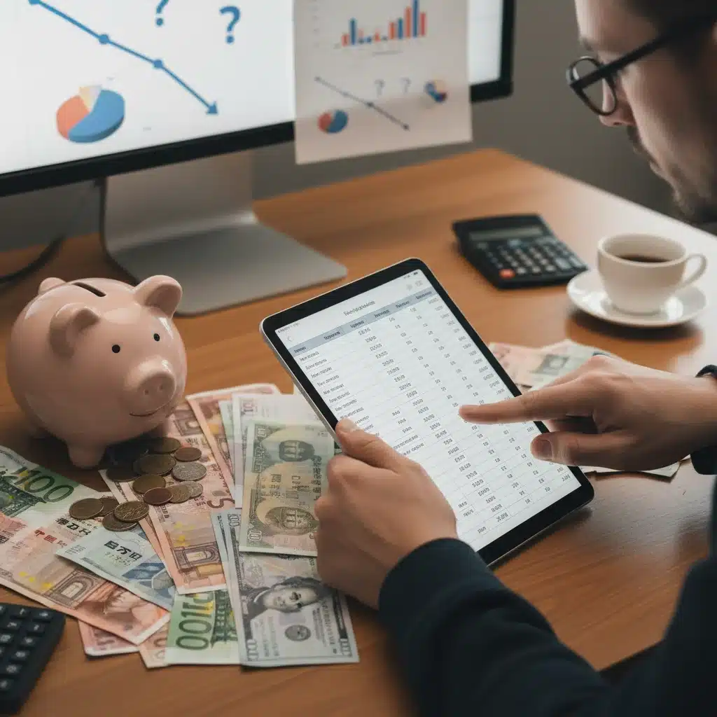 Persona revisando una hoja de cálculo financiera en una tablet, con billetes y una hucha, simbolizando la planificación económica personal frente a la inflación.
