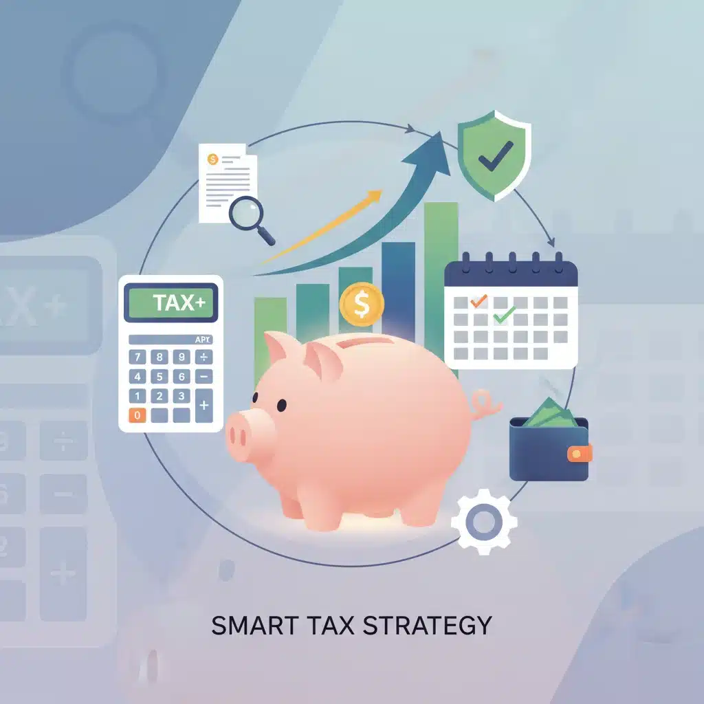 Iconos financieros que representan planificación y optimización fiscal para la declaración de impuestos.