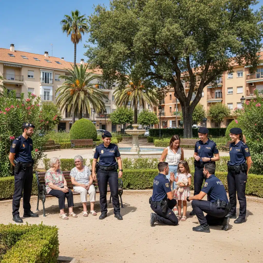 Agentes de policía interactuando positivamente con ciudadanos en un parque urbano español, simbolizando la policía de proximidad.