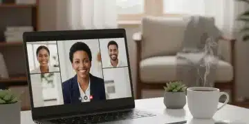 Mujer teletrabajando en un portátil moderno en su oficina en casa