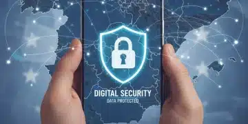 Privacidad Digital España 2026: Ajustes Clave de Seguridad Persona protegiendo su smartphone con un icono de candado, simbolizando la privacidad digital en España.