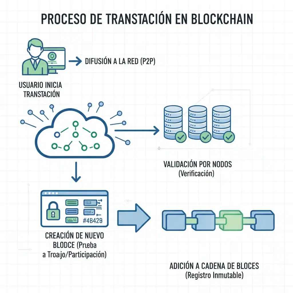 Diagrama detallado del proceso de una transacción en la cadena de bloques.