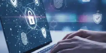 Manos tecleando en un portátil con iconos de seguridad digital en la pantalla, simbolizando la protección de datos online.