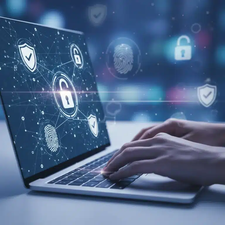 Manos tecleando en un portátil con iconos de seguridad digital en la pantalla, simbolizando la protección de datos online.